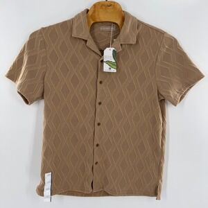 Distortion Mens Textured Cable Knit Camp Collar Short Sleeve Button Down Tan M